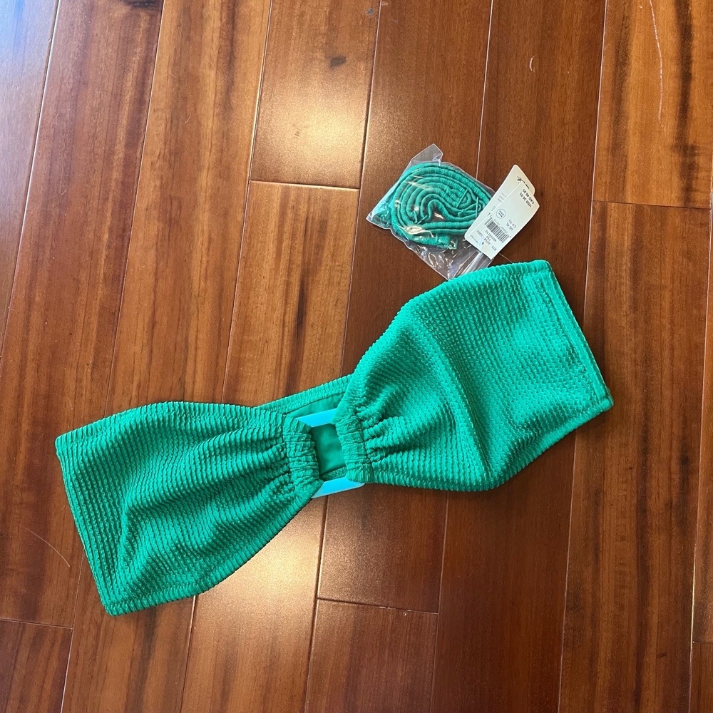 New NWT‎ Aerie Green Bandeau Bikini Top Textured Blue Knot Straps Swim Size XL